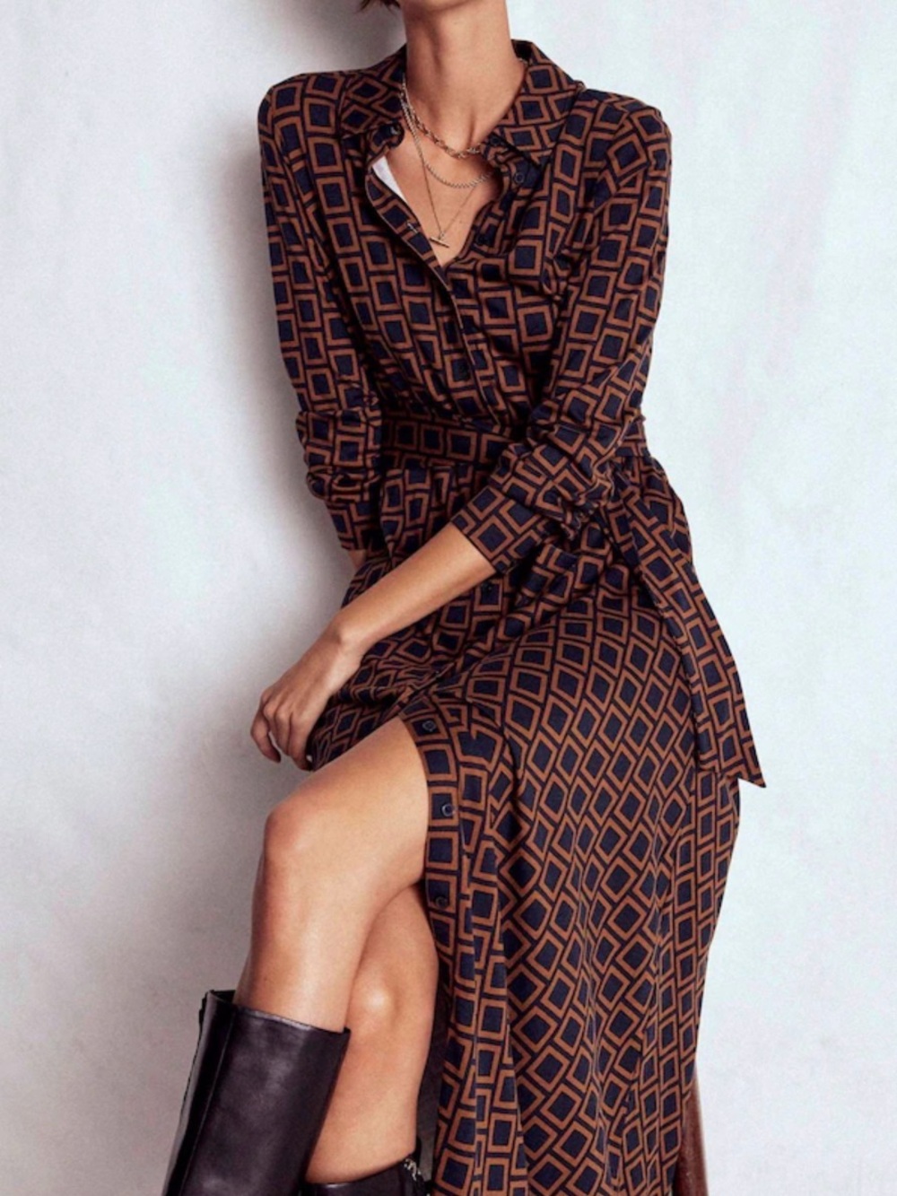 Boden Marcia jersey shirt maxi dress Brown and blue Grid Front button - Picture 2 of 9